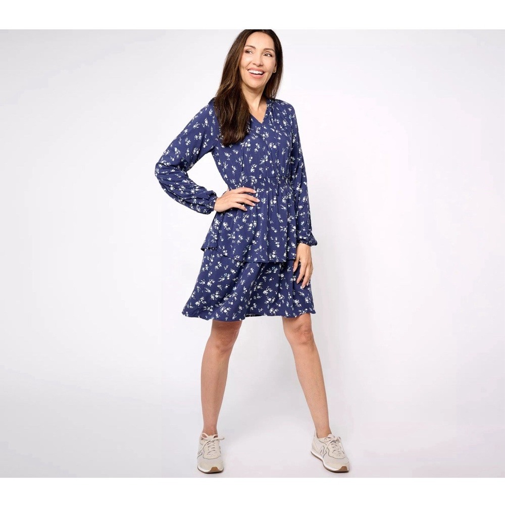 Candace Cameron Bure Tiered Floral Dress Women Small Blue Cottagecore Whimsigoth